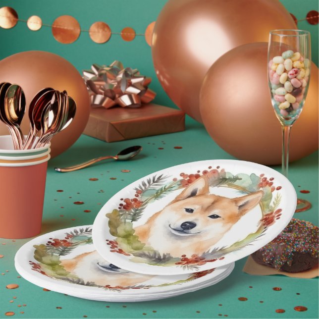Assiettes En Carton Shiba Inu Festive de la couronne de Noël Coupe (Multi)