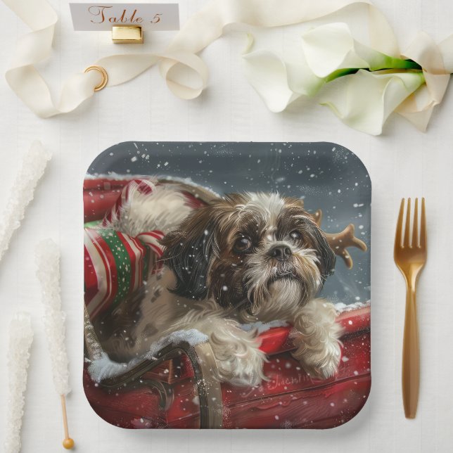 Assiettes En Carton Shih Tzu Chien Festif de Noël (Mariage)
