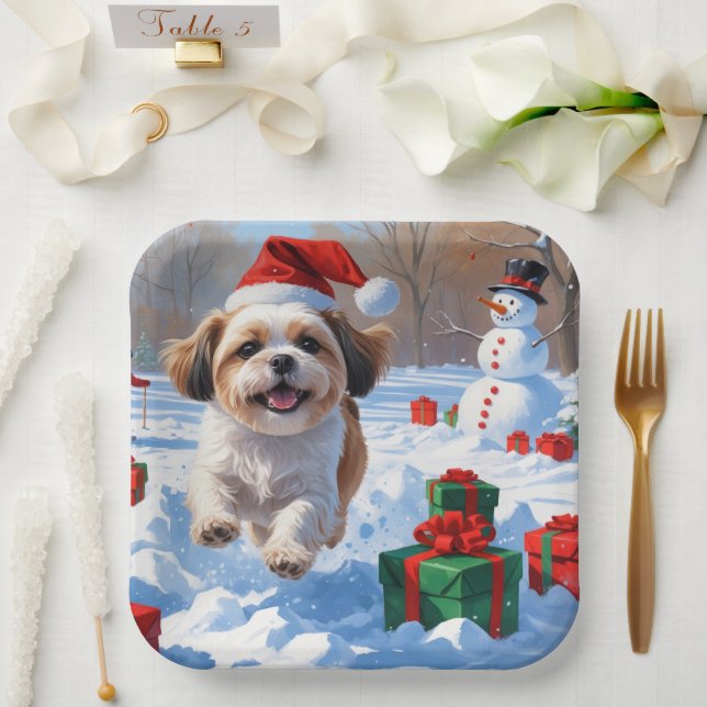Assiettes En Carton Shih Tzu coule dans la neige avec le Casquette de  (Mariage)
