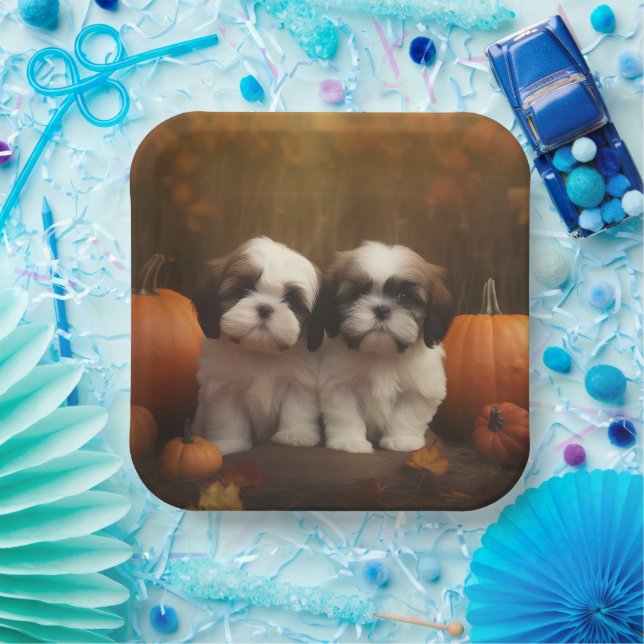 Assiettes En Carton Shih Tzu Puppy Automne Citrouille de plaisir (Fête)