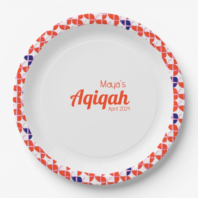 Assiettes En Carton SHRIMPLY White Orange Motif, Baby shower Aqiqah (Devant)