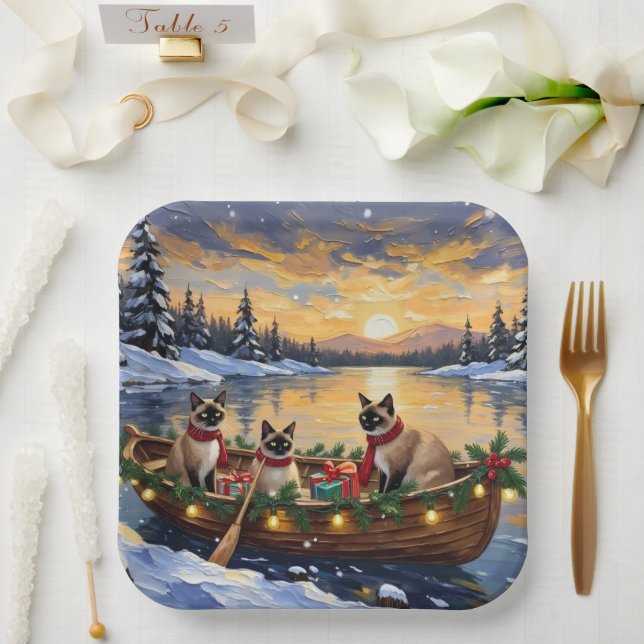 Assiettes En Carton Siamese Cat Christmas Boat Holiday (Mariage)
