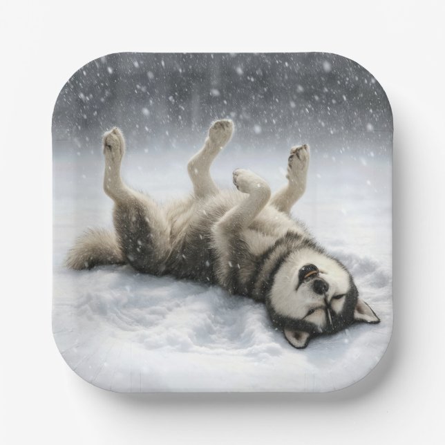 Assiettes En Carton Siberian Huskey Creating a Snow Angel (Recto)