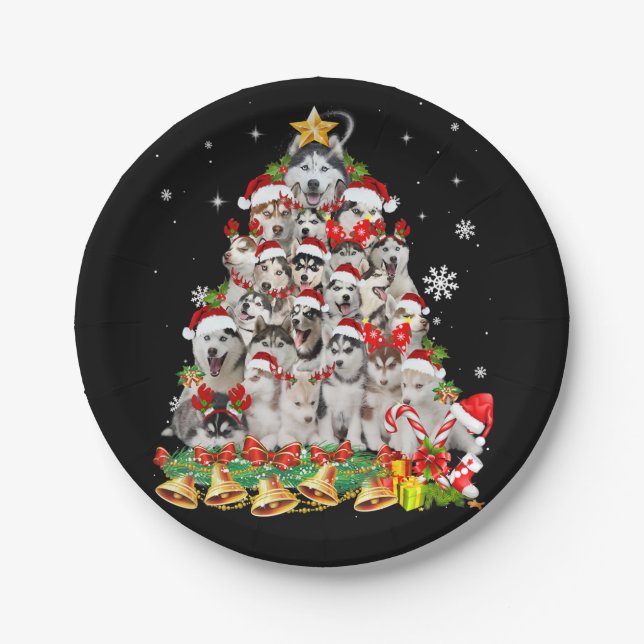 Assiettes En Carton Siberian husky christmas tree lights dog (Devant)