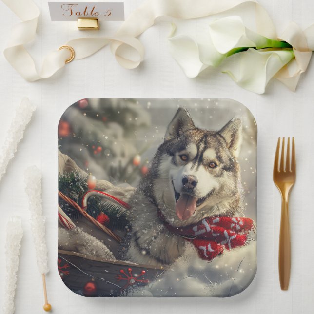 Assiettes En Carton Sibérie Husky Chien Festif de Noël (Mariage)