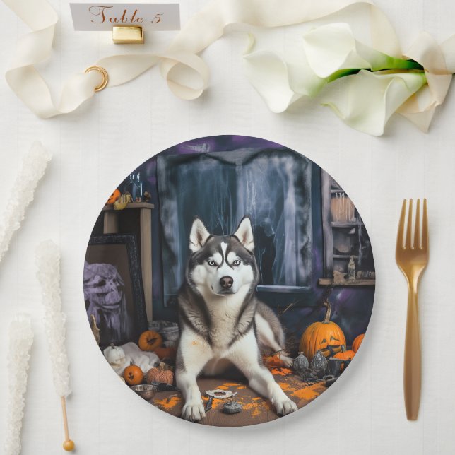 Assiettes En Carton Sibérie Husky Citrouille Halloween effrayant (Mariage)