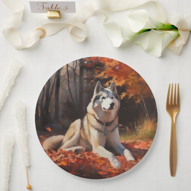 Assiettes En Carton Sibérie Husky en automne Feuilles automne Inspire  (Mariage)