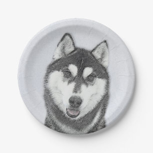 Assiettes En Carton Sibérie Husky (noir et blanc) peint l'art du chie