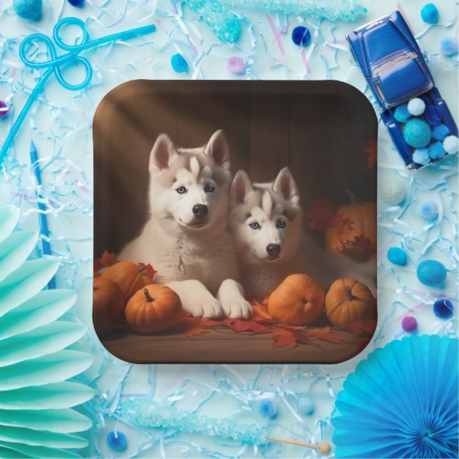 Assiettes En Carton Sibérie Husky Puppy Citrouille d'automne (Fête)