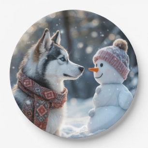 Assiettes En Carton Sibérien Husky regarde un bonhomme de neige