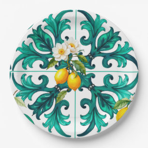 Assiettes En Carton sicilien, été, citron, mosaïque, vert,