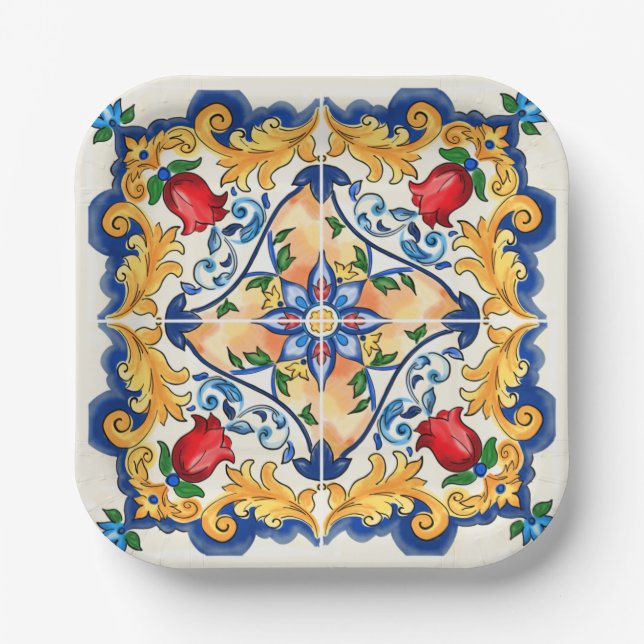 Assiettes En Carton Sicilienne Majolica Motif de carreaux colorés (Recto)