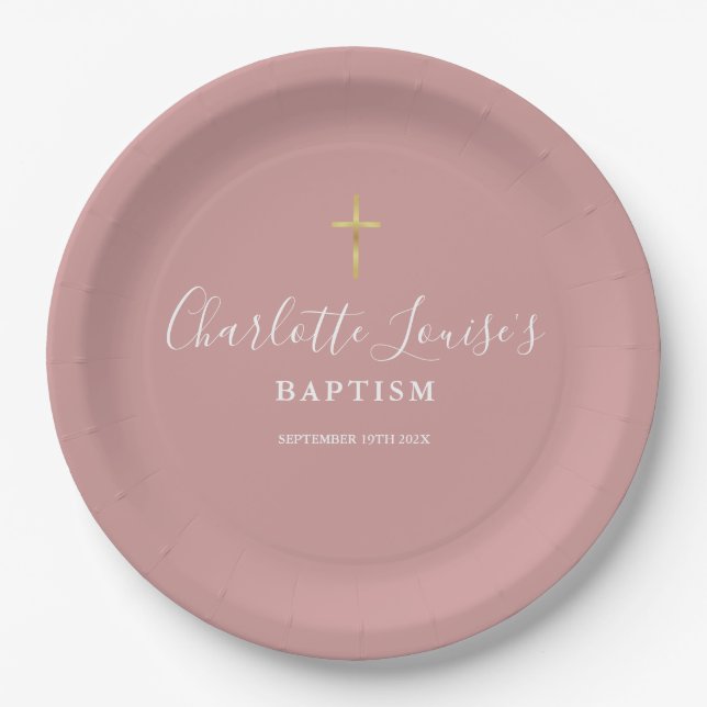 Assiettes En Carton Signature Baptism Christening Dusty Rose Pink (Devant)