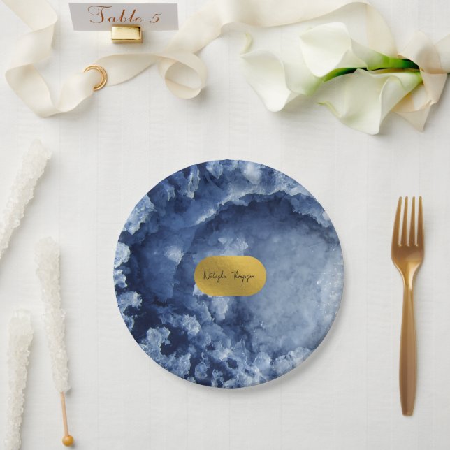 Assiettes En Carton Signature Blue Gold Foil Sea Crystals (Mariage)