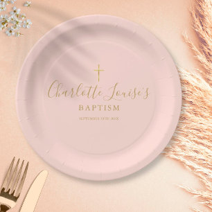 Assiettes En Carton Signature Or Baptême Christening Blush Pape Rose