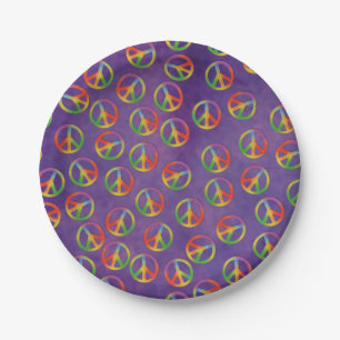Assiettes En Carton Signes de paix Tie Dye sur fond violet