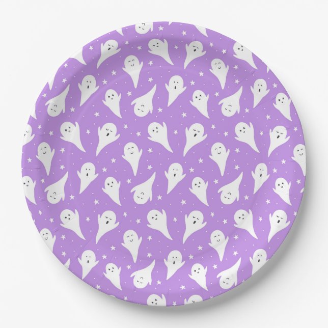 Assiettes En Carton Silhouette blanche mignonne - Halloween violet (Devant)