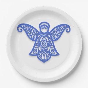 Assiettes En Carton Silhouette d'ange en filigrane bleu avec dentelle