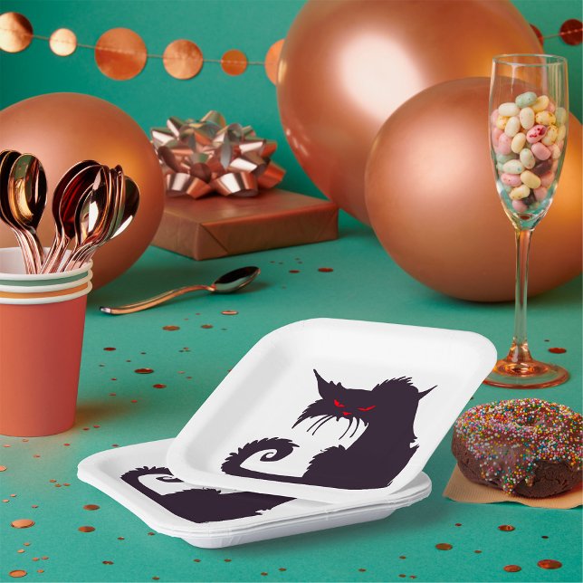 Assiettes En Carton Silhouette de chat noir malin avec yeux rouges (Créateur téléchargé)