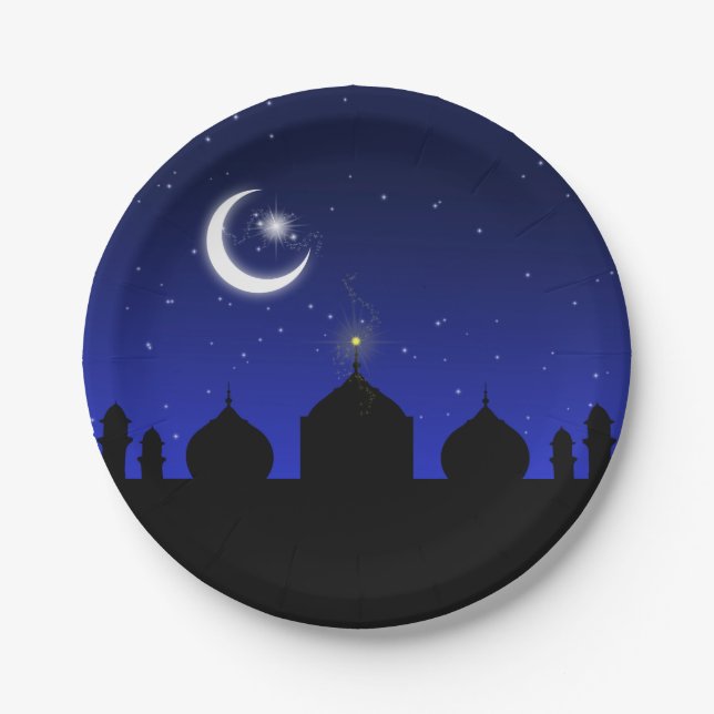 Assiettes En Carton Silhouette de la mosquée la nuit - Plaque en papie (Devant)