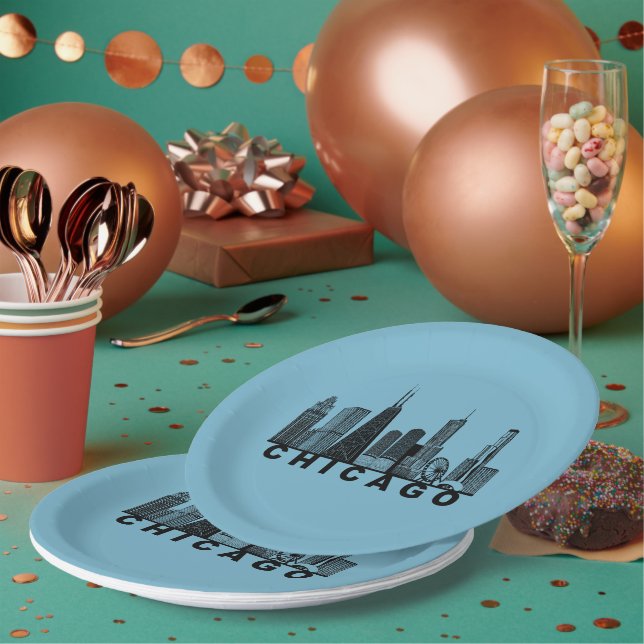Assiettes En Carton Silhouette de l'horizon de Chicago  (Multi)