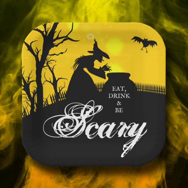Assiettes En Carton Silhouette de sorcière pieuse Halloween (Wicked Witch Silhouette Halloween Square Paper Plates)