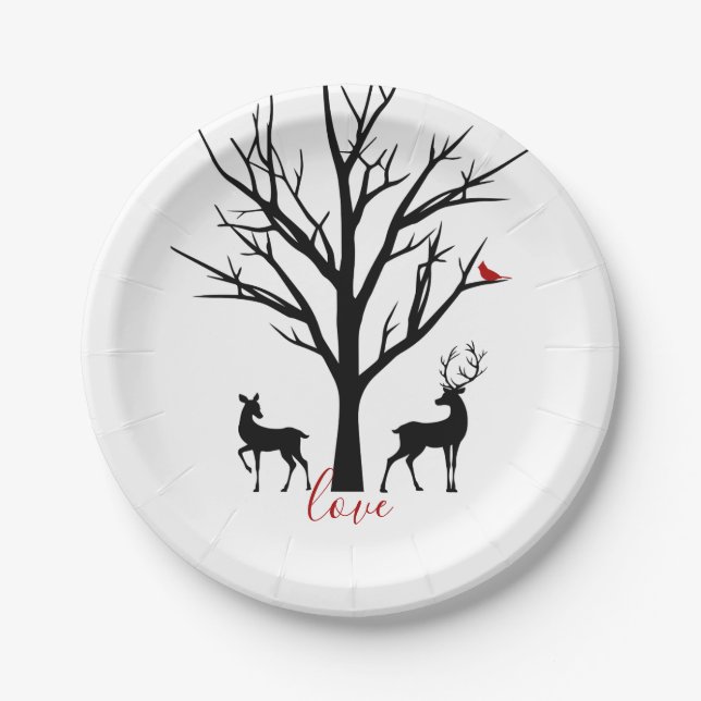 Assiettes En Carton Silhouette Deer Couple en hiver amoureux (Devant)