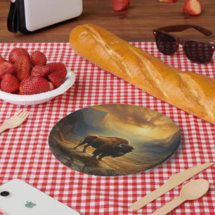 Assiettes En Carton Silhouette du coucher de soleil de bison de buffle