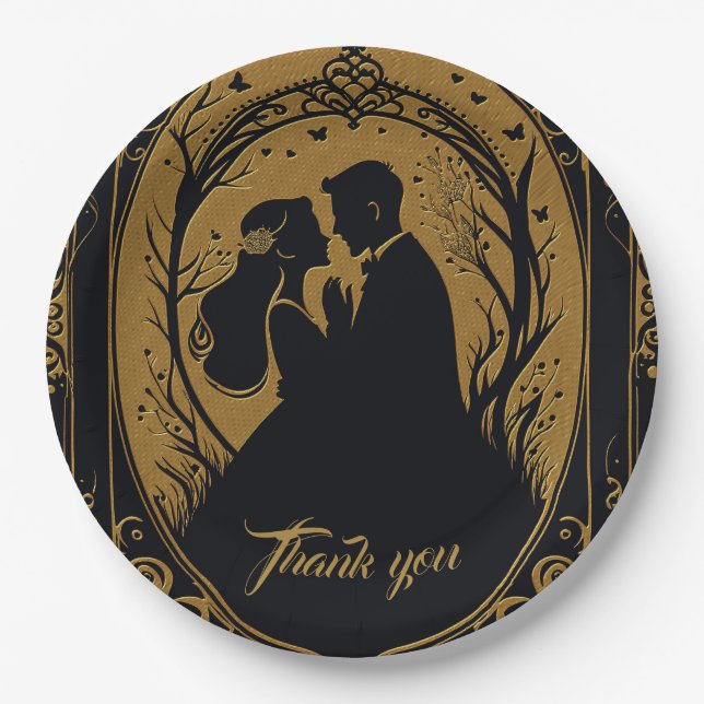 Assiettes En Carton Silhouette élégante d'une mariée et d'un marié (Devant)