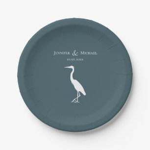 Assiettes En Carton silhouette héron blanc sur bleu turquoise foncé si