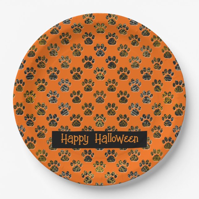Assiettes En Carton Silhouette Paw Animal Halloween Pawty Orange (Devant)