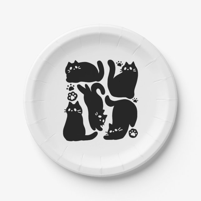 Assiettes En Carton Silhouettes de chat noir - Design Feline mignon (Devant)