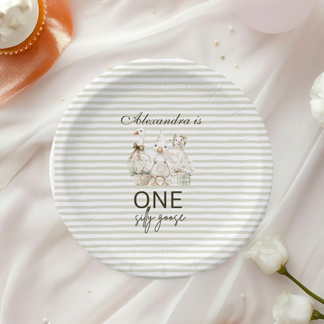 Assiettes En Carton Silly Goose 1st Birthday Green Stripes  (Créateur téléchargé)