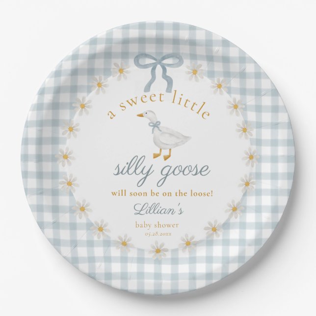 Assiettes En Carton Silly Goose Blue Bow Daisy Gingham Baby Shower (Devant)