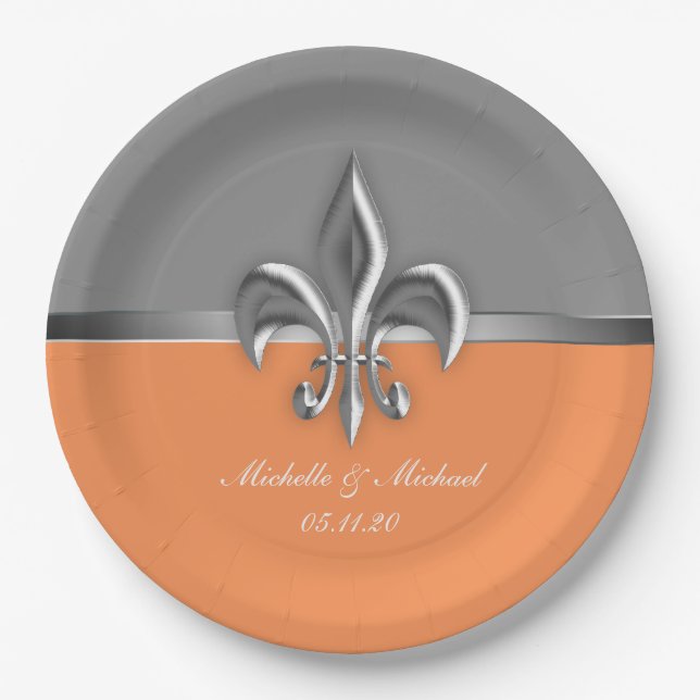 Assiettes En Carton Silver Fleur de Lis orange (Devant)
