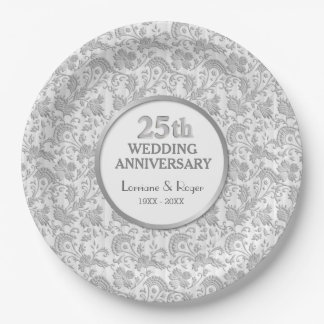 Assiettes En Carton Silver Floral Elegance 25e anniversaire Mariage