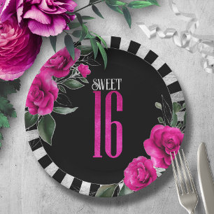 Assiettes En Carton Silver Foil Stripes Floral Sweet 16 Hot Pink ID757