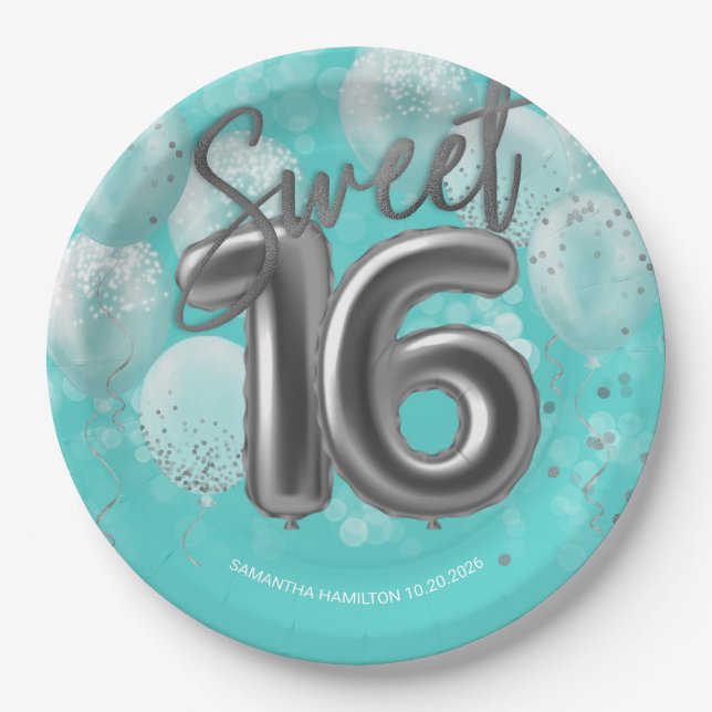 Assiettes En Carton Silver Foil Sweet 16 Anniversaire Balloons Party T (Devant)