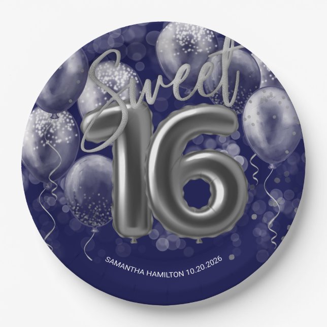 Assiettes En Carton Silver Foil Sweet 16 Ballons Anniversaires Royal B (Devant)