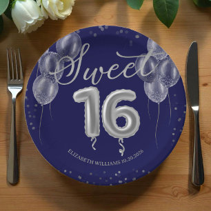 Assiettes En Carton Silver Foil Sweet 16 Ballons d'anniversaire Royal 