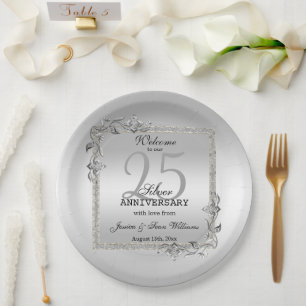 Assiettes En Carton Silver Gem & Glitter 25th Wedding Anniversary