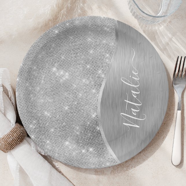 Assiettes En Carton Silver Glitter Glam Bling Personalized (Créateur téléchargé)