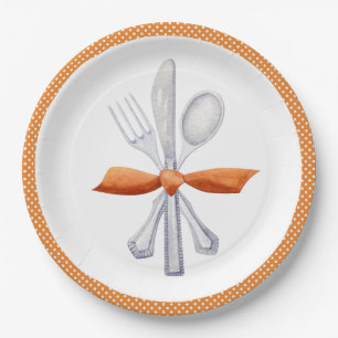Assiettes En Carton Silverware Thanksgiving avec Orange Bow