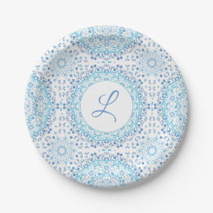 Assiettes En Carton Simple Bleu Et Blanc Élégant Mandala Floral