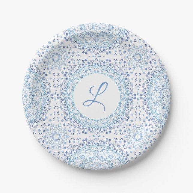 Assiettes En Carton Simple Bleu Et Blanc Élégant Mandala Floral (Devant)