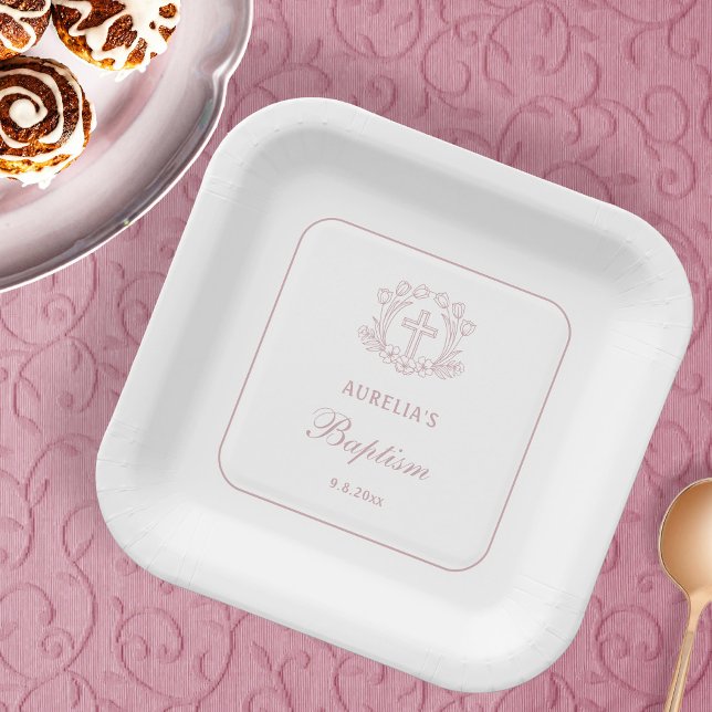 Assiettes En Carton Simple Carré floral rose croisé Baptême (Créateur téléchargé)