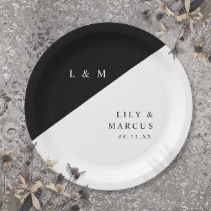 Assiettes En Carton Simple Élégant Monogramme Mariage Noir Et Blanc