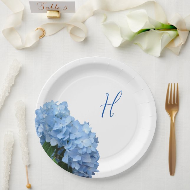 Assiettes En Carton Simple Initial Floral Bleu Mariage  (Mariage)