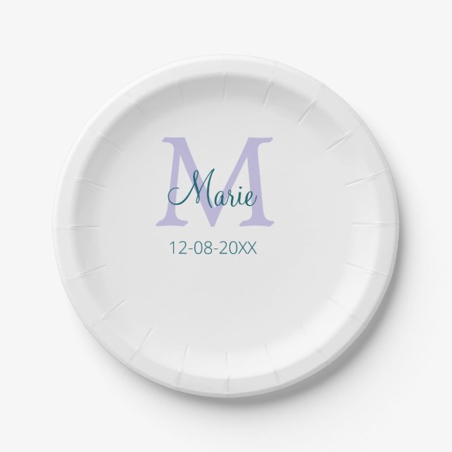 Assiettes En Carton simple minimum ajouter nom monogramme violet vert  (Devant)