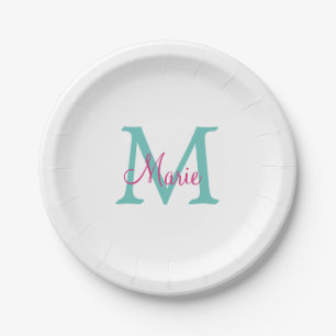 Assiettes En Carton simple monogramme minimaliste ajouter nom vert ros